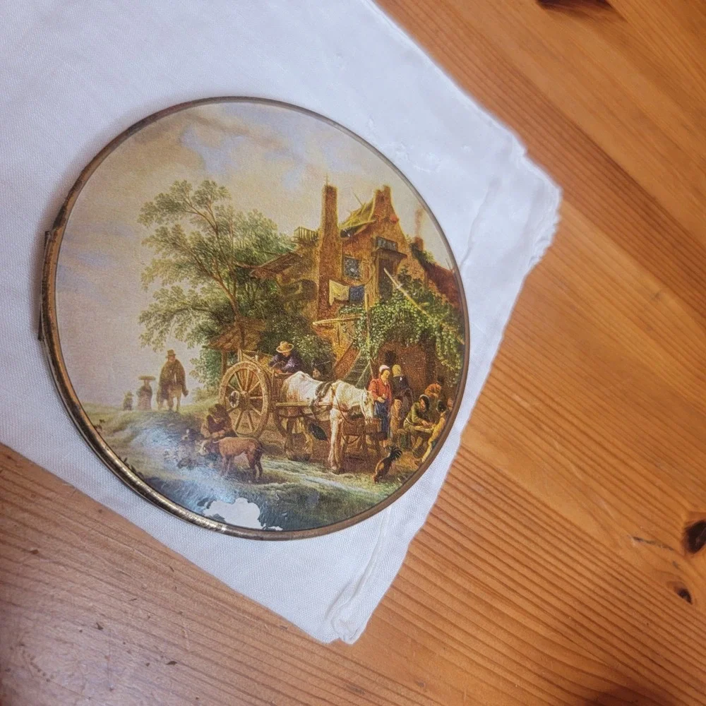Vintage Round Trinket Box Decorative Scene Collectible Compact